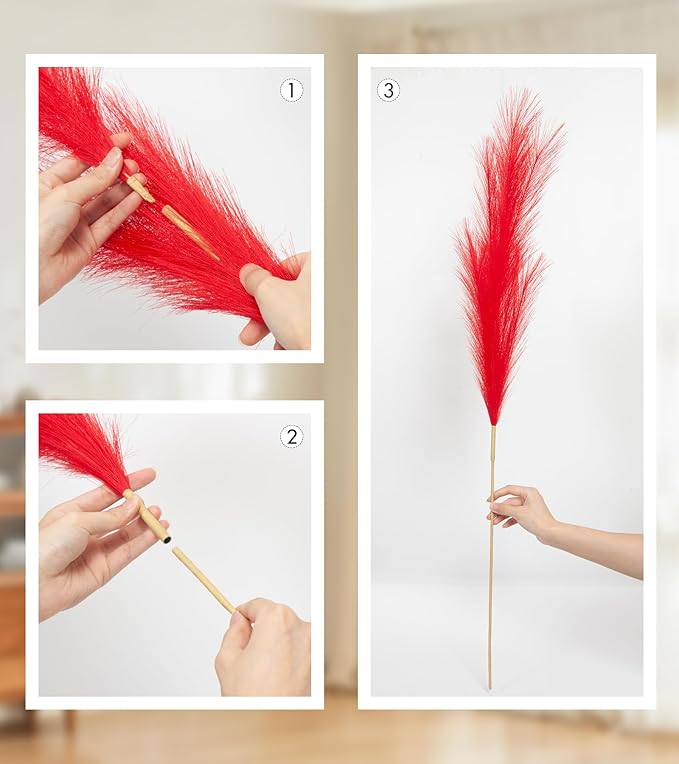 9 Pcs 45" Tall Pampas Grass Red Decor, Long Stem Artificial Flower Floor Vase Large Faux Floral Pompas Fake Plants Dried Bouquet Arrangement Vase Filler for Boho Home Wedding Decoration