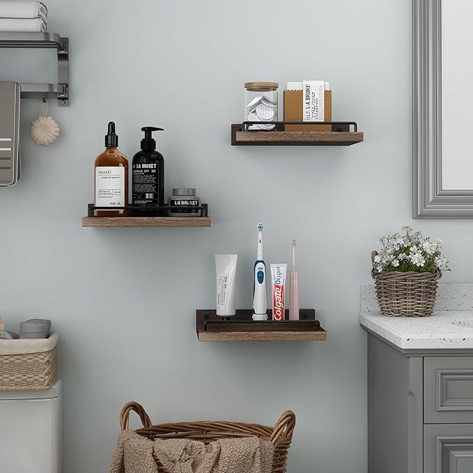RYOFOBETTO Small Floating Shelf, 6 X 9 Inches Farmhouse Wall Shelves for Living Room, Bedroom, Picture Frames, Plants, Kitchen, Set of 3 (Brown)