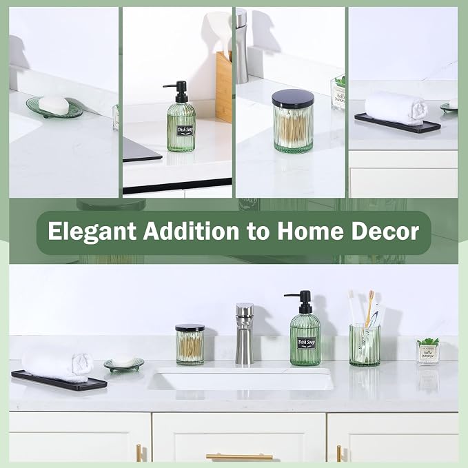 Shinowa Bathroom Accessories Set, 5 Pcs Clear Glass Bathroom Accessory Sets Complete with Soap Dispenser, Toothbrush Holder, Q-Tips Holder, Soap Dish, Ceramic Tray, Vanity Organizer, Green