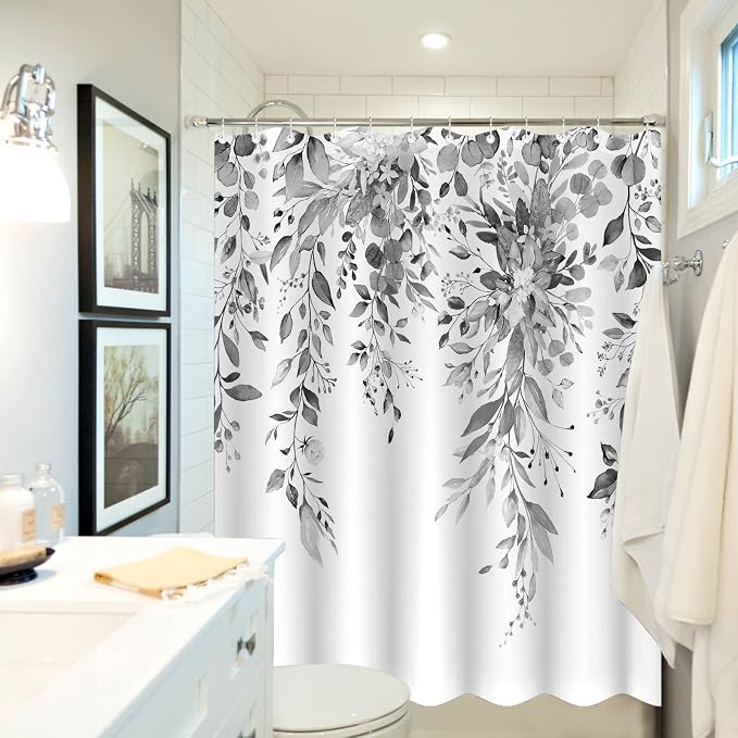 Gray and White Eucalyptus Shower Curtain Watercolor Grey Floral Plant Leaf Shower Curtains for Bathroom Botanical Flower Waterproof Fabric Bath Curtain Decor with Hooks (Black, 72'' x 72'')