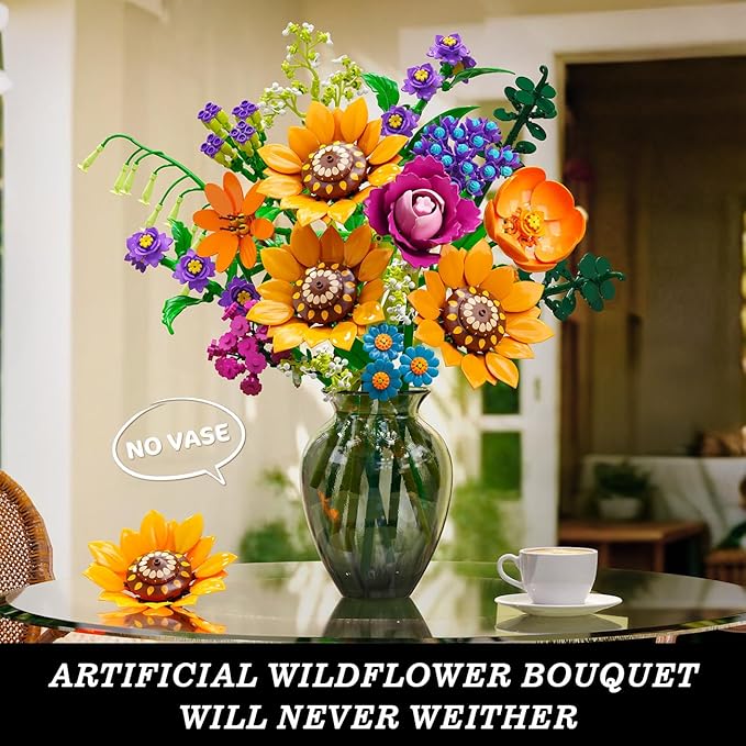 Wild Flowers Bouquet Building Set with Lights - Wildflower 18 Flower Botanicals Collection Building Blocks Sunflower Rose Violet Plants Home Decor Gift for Her Adults Women Girls 12+ (912PCS)