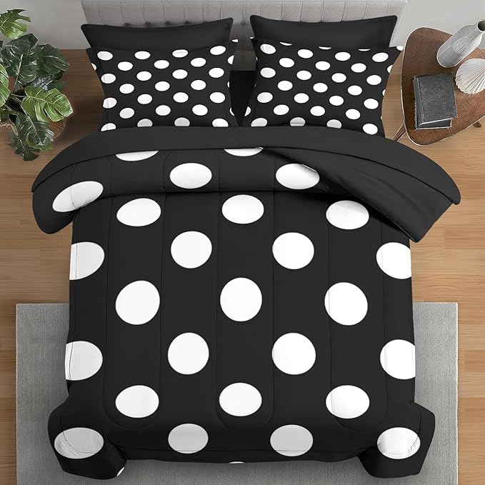 Comforter Set Queen Size, Polka Dot 7 Pcs Bedding for Kids and Adults, Black and White Bed Sheet Sets with Fitted Sheet 2 Pillowcase & 2 Sham for Bedroom Bed Decor