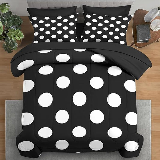 Comforter Set Full Size, Polka Dot Retro White Black 7 Pcs Bedding for Kids and Adults, Geometric Plaid Modern Bed Sheet Sets with Fitted Sheet 2 Pillowcase & 2 Sham for Bedroom Bed Decor