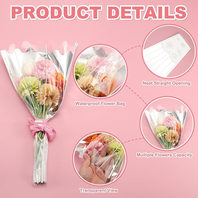YELARXI Clear Flower Wrapping Bags, Transparent Flower Packaging Bag Waterproof Bouquet Sleeves with Lace - Fitting for (Florists/Floral Arrangements Supplies), 11.0x3.1x15.7 Inch & 100Pcs