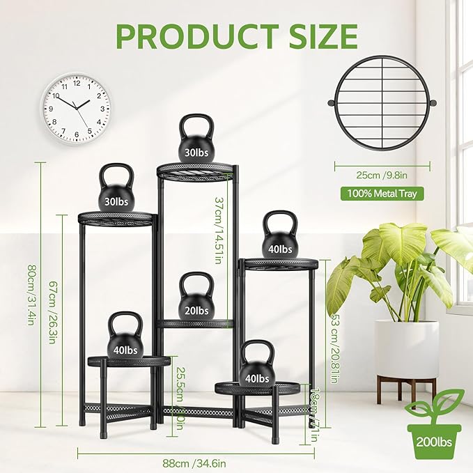 iDavosic.ly 6 Tier Large Plant Stand Indoor with 10-Inch Wide Drainage Tray, Tiered Corner Metal Outdoor Flower Display Holder Shelf, Folding Tall Rack for Patio Porch Balcony, Black Iron Carving