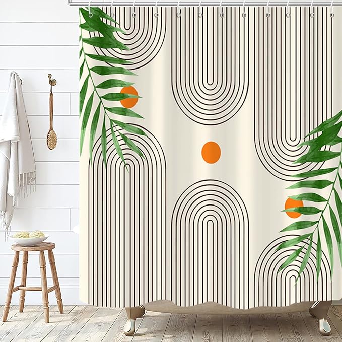 Boho Mid Century Modern Shower Curtain, Abstract Arch Leaf Minimalist Sun Beige Machine Washable Waterproof Fabric for Bathroom Decor Bathtub with Hooks 72x72