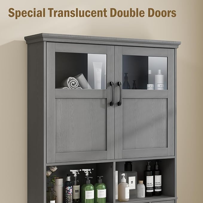 Over The Toilet Storage Cabinet With Double Doors & Paper Holder Stand, Freestanding Shelf Space Saver, Anti-Tip Design & Adjustable Shelf, Natural Grey