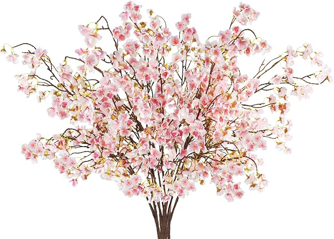 12 Pcs Artificial Cherry Blossom Flowers 40" Faux Silk Cherry Blossom Stems Fake Real Touch Peach Branches for Wedding Home Garden Japanese Decor White Pink