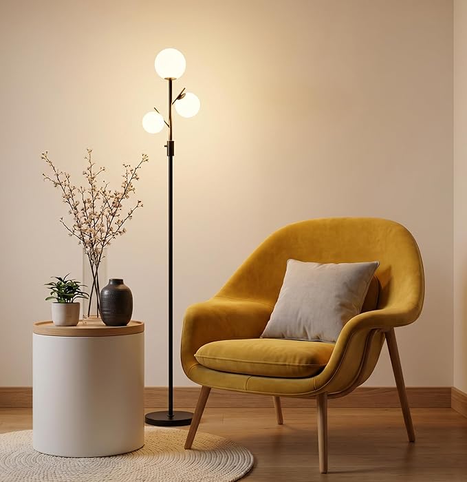 Fiqevs Mid Century Modern 3 Globe Tree Floor Lamp - Dimmable LED Standing Lamp with Bulbs, Warm Light for Living Room Bedroom Office - Black