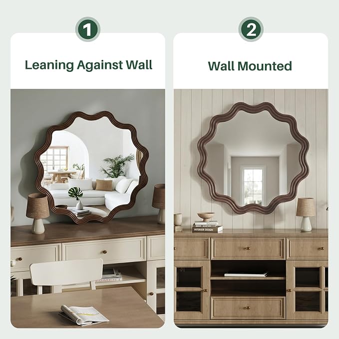 Farmhouse Wall Mirror - 31.5" Wood Frame Round Rustic Wall Decorative Mirrors, Circle Scalloped Wavy Round Boho Accent Mirror for Living Room, Bedroom, Entryway, Hallway, Fireplace (Walnut)