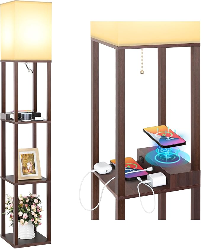 Mlambert Modern Shelf Floor Lamp with Wireless Charger & Fast Charging USB Ports & Type C Port & 2 Power Outlets,3 Tier Storage Lamp for Bedroom,Brown