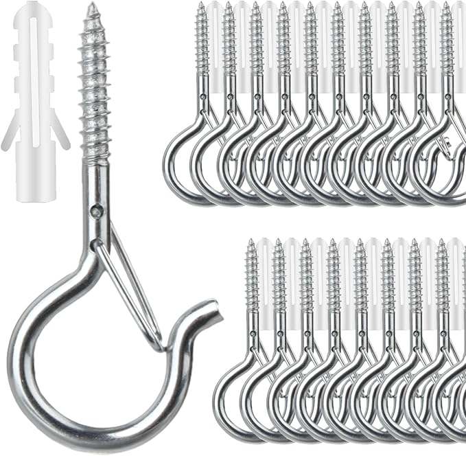 FSAH 35 PCS Screw-in Hooks for Outdoor String Lights, Q Hangers Hooks Outdoor for Outside, Swivel Hanging Basket Patio Light Hooks with Safe Buckle Screw in Planter Eye Hook for Wall Ceiling, Silver