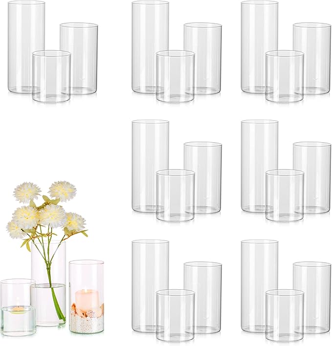 Glass Cylinder Vases Set of 24, Hewory Tall Clear Vase for Centerpieces, Glass Hurricane Candle Holders for Pillar or Floating Candles, Round Vases for Wedding Anniversary Events Table Decor, 3.3in