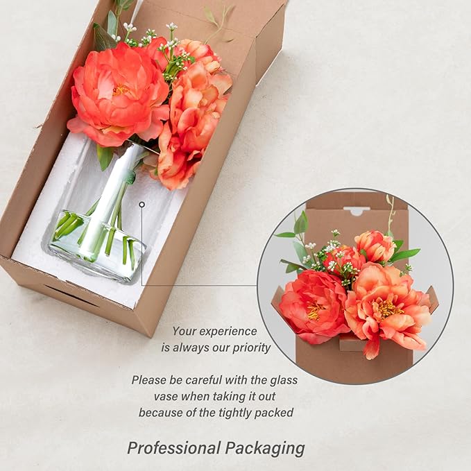 WELL KNOWN Artificial Flowers in Glass Vase with Fake Water, Silk Peony Flower Bouquet for Home Dinning Tea Table, Office Desktop, Hotel, Wedding, Party, Lavatory Decor & Gift (Coral and Orange)