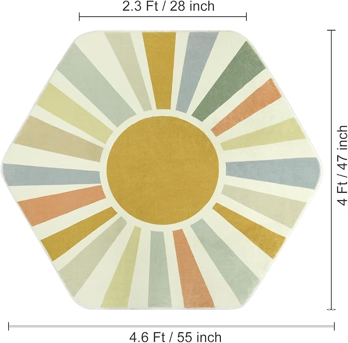 STARUIA Boho Washable Rug for Kids Play Room, 4'x 4'7" Hexagon Tent Colorful Sun Nursery Corner Rugs for Girls Boys, Ultra Soft Non-Slip Sunshine Carpet Play Rug for Princess Room Decor Classroom