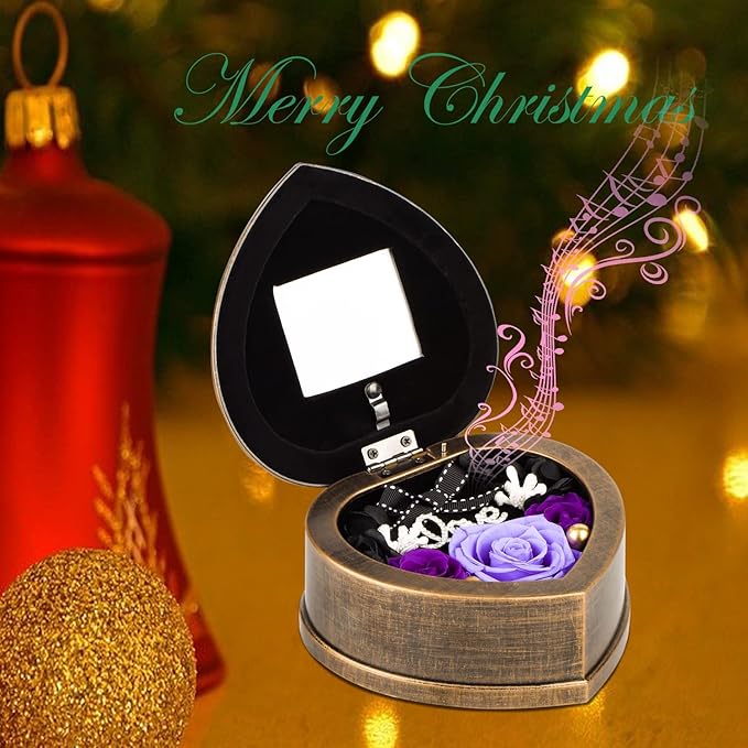 Handmade Preserved Flower Real Purple Rose in Musical Box with Photo Frame, Mother's Day Long Lasting Real Flower Gifts for Her Women Wife on Valentine's Day Birthday or Anniversary -Purple