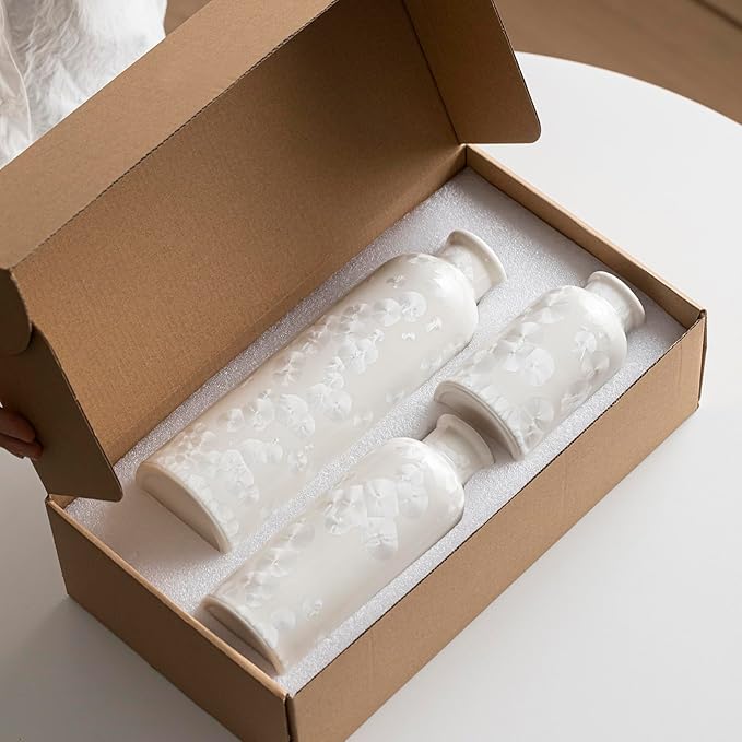 Modern Ceramic Vase Set of 3, White Crystalline Glaze Colors, Decorative Bottles for Home, Farmhouse Rustic Decor Housewarming Gifts, Wedding Gifts, Birthday Gifts for Women(Crystalline Glaze White)