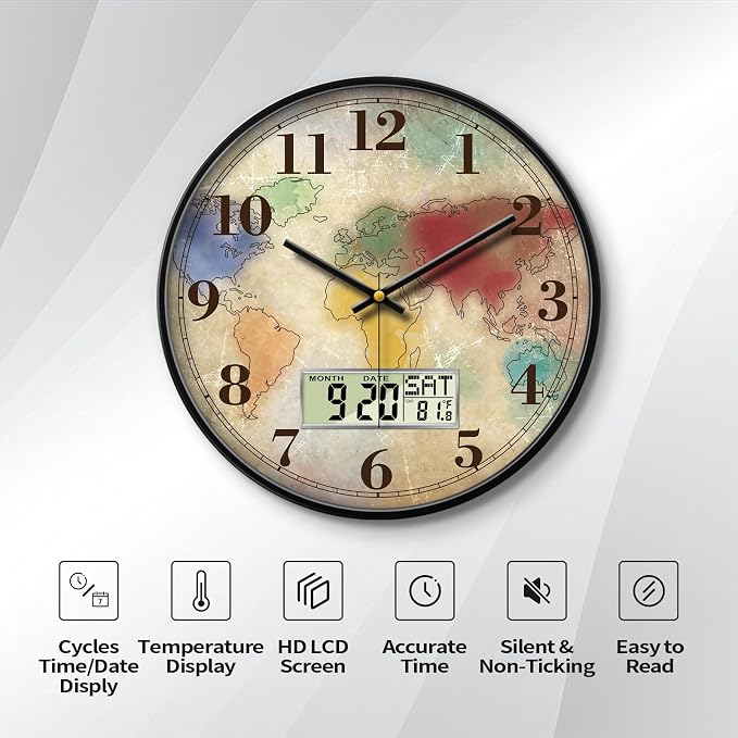 Vintage World Map Wall Clock, 14 Inch Silent Non-Ticking Battery Operated Analog Clock with LCD Date Day Temp Display, Decorative for Living Room, Bedroom, Kitchen, Study, Dining Room