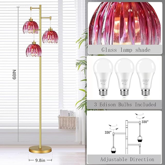 QIYIZM Pink Floor Lamp for Living Room,Bedroom,Gold Mid Century Modern Standing Lamp Brass Tree 3 Light Tall Floor Lamps Vintage Retro Floor Lights Glass Flower Lamp Shade Farmhouse Boho Bohemian