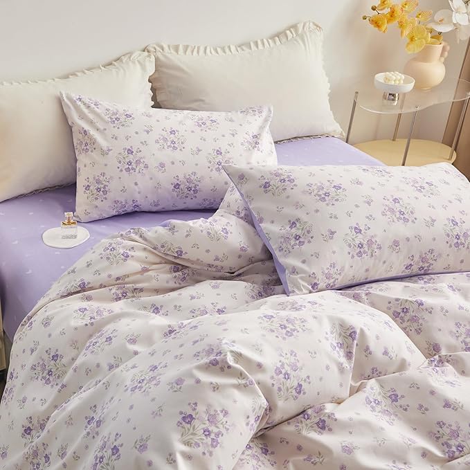 LifeTB Purple Flower Duvet Cover Full 100% Cotton Girls Floral Comforter Cover Vintage Style Botanical Flower Boho Floral Cottagecore Comforter Cover with 2 Pillowcases