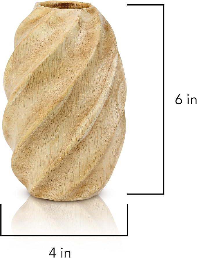 AeraVida 6-Inch Mango Tree Wood Oval Flower Vase with Spiral Carved Design | Light Brown Modern Tabletop Vase | Decorative Vintage Farmhouse Style for Home, Office, or Event Decor