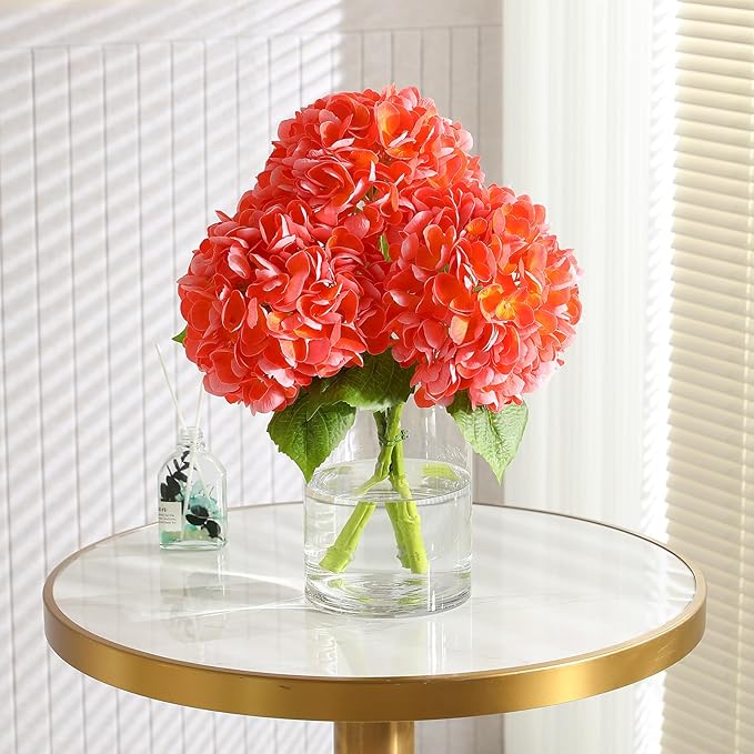 3Pcs Hydrangea Artificial Flowers, 22.44" Real Touch Latex Faux Hydrangea with Long Stems & Leaves for Home Office Decor or Wedding, Party, Centerpieces, Floral Arrangements (Orange)