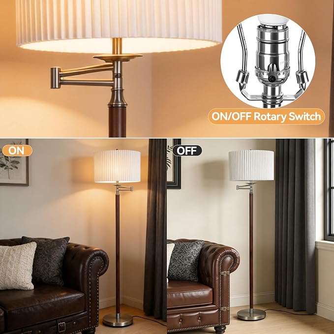Traditional 350° Adjustable Swing Arm Farmhouse Floor Lamp for Bedroom, Modern Floor Lamps with Pleated Shade for Living Room, Rustic Standing Lamp Pole Lamps for Reading and Office