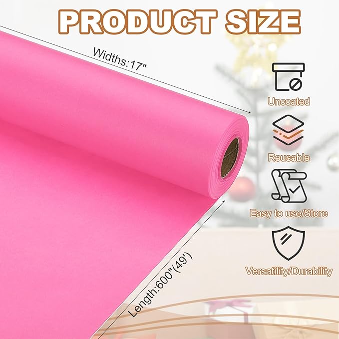 PATIKIL Wrapping Paper, 17" x 600"(49') 70 GSM Craft Paper Roll Kraft Packing Paper for Poster Bulletin Board, Gift Wrapping, Pink