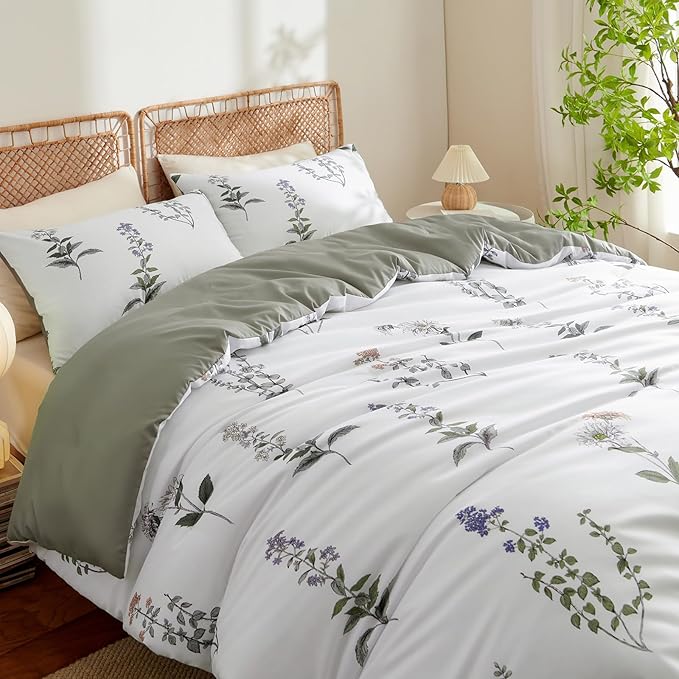 Nayoroom Floral Duvet Cover Queen Size White Green Botanical Flower Cottagecore Bedding Set 3 Pieces Soft Lightweight Reversible Aesthetic Duvet Cover with Zipper Closure