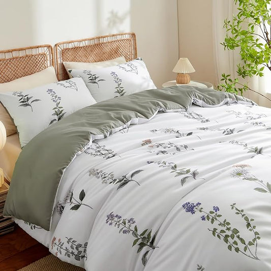 Nayoroom Floral Duvet Cover Full Size White Green Botanical Flower Cottagecore Bedding Set 3 Pieces Soft Lightweight Reversible Aesthetic Duvet Cover with Zipper Closure