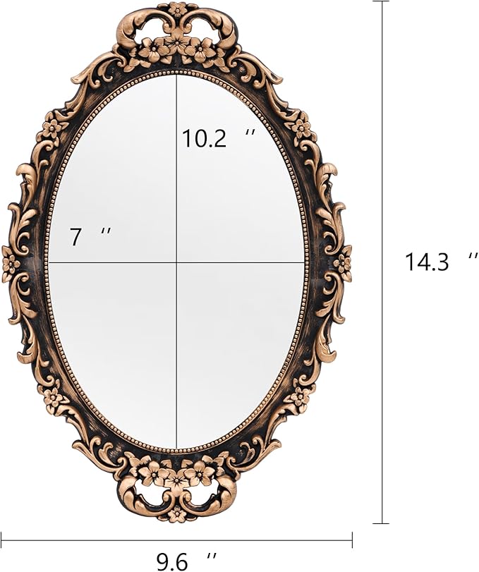 Tstarer Vintage Decorative Gold Framed Mirror, Wall Hanging Mirrors & Tabletop Tray for Bedroom Living Room Dresser Decor, Oval- 9.6" W x 14.3" L (Bronze)