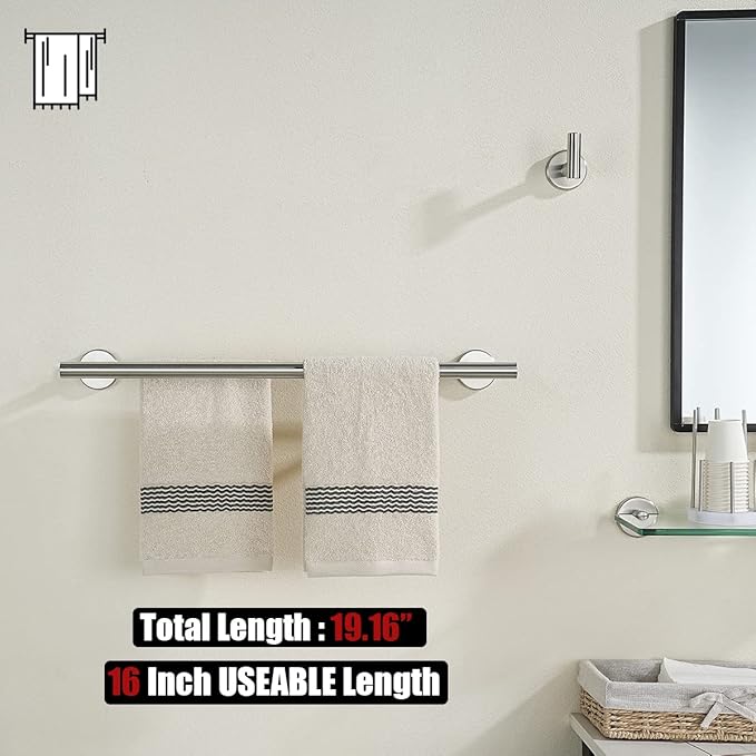 JQK Double Bath Towel Bar, 19 Inch 304 Stainless Steel Thicken 0.8mm Towel Rack Bathroom, Towel Holder Brushed Finished Wall Mount, Useable Length 16 Inch, TB100L16-BN