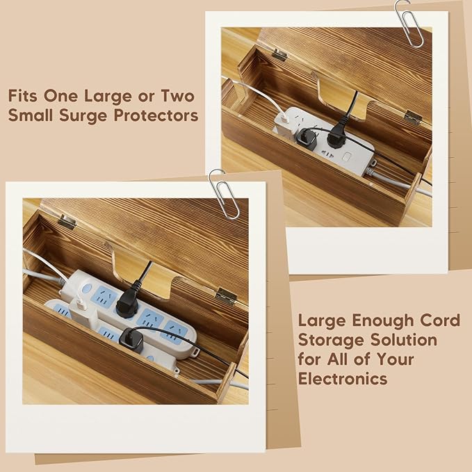 Large Cable Management Box - Burnt Wood Cable Organizer Box and Power Strip Box for Electrical Cord Management - Hide Desk Cord and Floor Cables - Wire Storage and Organization for Cords