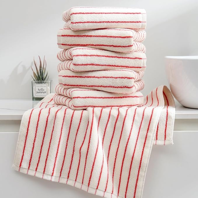 Striped Towels for Bathroom, 6 Pack Bath Hand Towels 100% Cotton Absorbent Quick Dry Face Towels for Bathroom Showering & Guest & Men and Women, 13” x 29”, Red and White Stripe