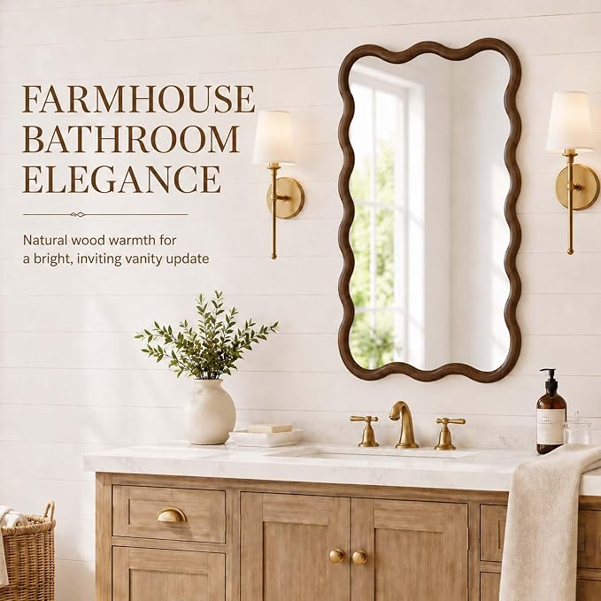 20x30 Inch Asymmetrical Wall Mirror Wood,Rustic Irregular Shaped Vanity Mirror for Bathroom,Bedroom, Living Room, Entryway, Fireplace,Wall Decor,Solid Wooden Frame (Black + Dark Walnut, 20"x30" Inch)