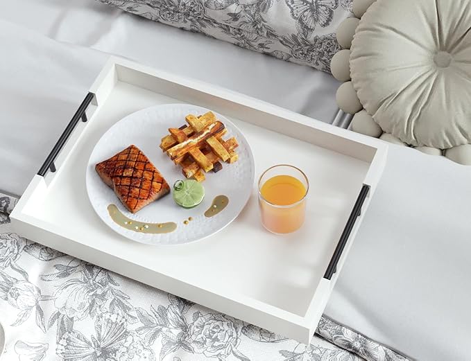 Fibogollo Bamboo Serving Tray with Metal Handles,17x12in Ottoman Decorative Trays Platter for Coffee Table,Living Room,Bar,Party,Large(White)