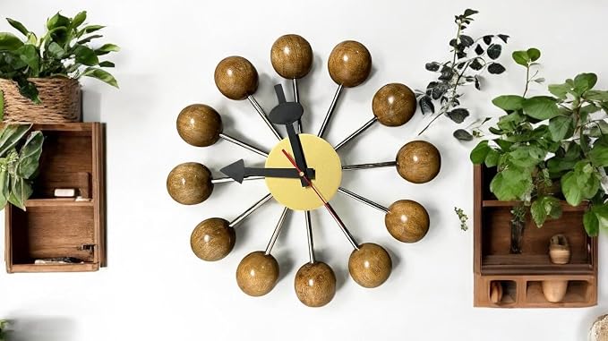 Mid Century Modern Ball Clock: George Nelson Style Wood Wall Decor (Natural, 12 Inch)