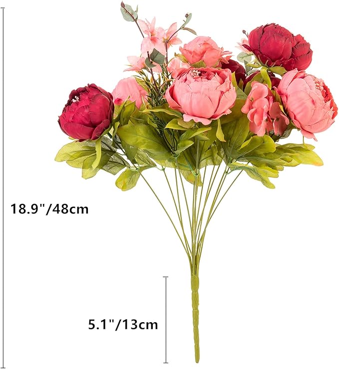 Fule 2 Pack Large Artificial Peony Silk Flower Bouquets Arrangement Wedding Centerpieces (New Dark Red)
