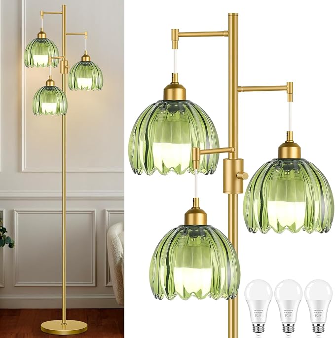 ZECOXOL Dimmable Floor Lamps for Living Room-3 Light Gold Floor Lamp with Three Bulbs & Glass Lampshape, Mid Century Modern Standing Lamp Tree Tall Flower Floor Lamp for Bedroom Living Room,Corner