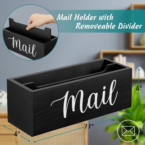 DRASTAR Mail Organizer - Stylish Black Wood Desk Holder with 2 Slots for Home Office Decor