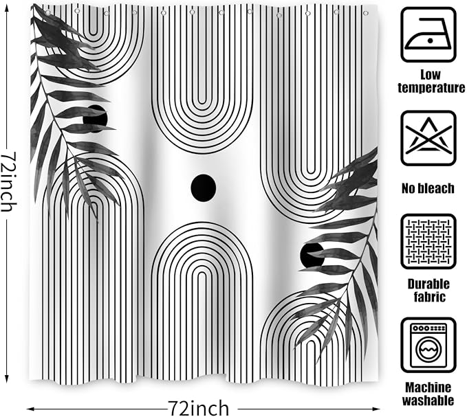 Boho Mid Century Modern Shower Curtain, Abstract Arch Leaf Minimalist Sun Black and White Machine Washable Waterproof for Bathroom Bathtub with Hooks 72x72