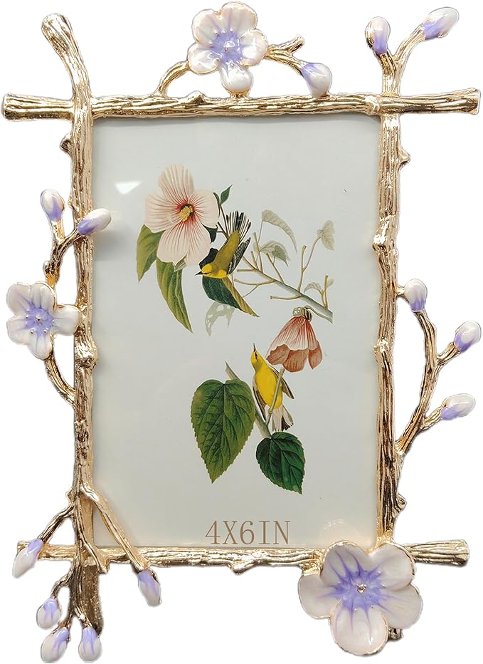 Vintage 4X6 Purple Picture Frame with Enamel Finis Glass Front - Ornate Antique Metal Flowers Photo Frame Tabletop/Wall Display Bedroom, Anniversary, Wedding Decorations and Gifts