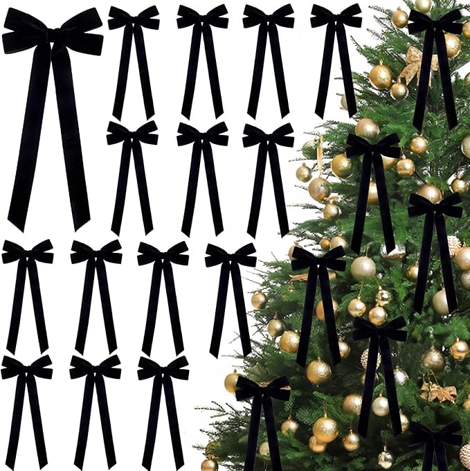 JOICEE 15Pcs Black Velvet Bows, 5in x 12in Christmas Tree Wreath Bows Rustic Crafts Gift Ribbon Bow for Xmas Tree Topper Wreath Garland Fireplace Mantel Staircase Wedding Home Decor