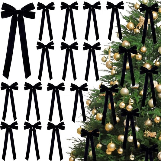 JOICEE 15Pcs Black Velvet Bows, 5in x 12in Christmas Tree Wreath Bows Rustic Crafts Gift Ribbon Bow for Xmas Tree Topper Wreath Garland Fireplace Mantel Staircase Wedding Home Decor