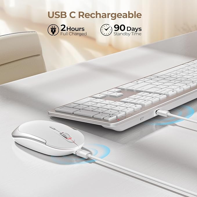 Wireless Keyboard and Mouse - Rechargeable Full Size Flat Keyboard & Mouse Sets with Build-in Lithium Battery, Ultra Thin Quiet Keyboard Mice - Silver and White