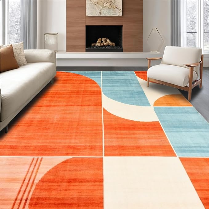 Flatwoven High Traffic Area Rug 5x7, Mid Century Modern Artistic Abstract with Geometric Elements, Non Slip, Stain Resistant, Washable Area Rugs for Living Room, Bedroom (Orange, 5x7)