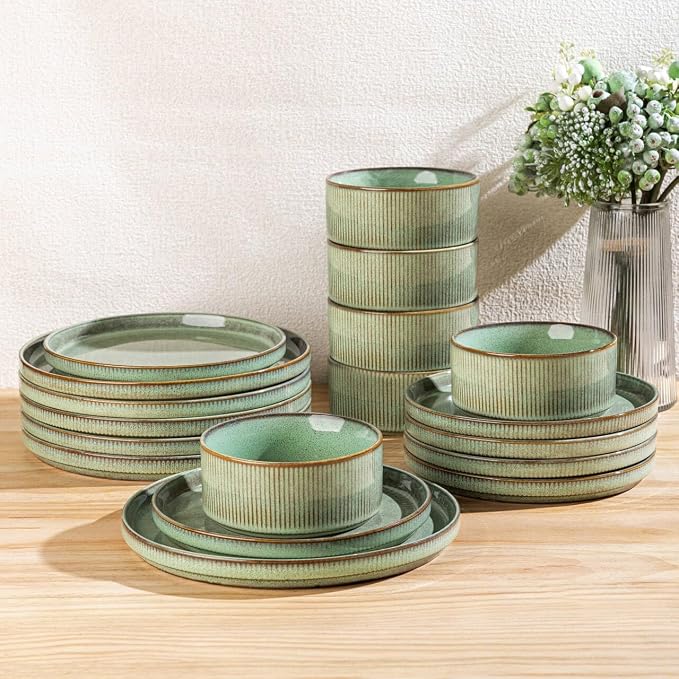 GBHOME 12-Piece Stoneware Dinnerware Set for 4 – Ribbed Ceramic Plates and Bowls, Scratch-Resistant, Microwave & Dishwasher Safe, Reactive Glaze, Pastel Green