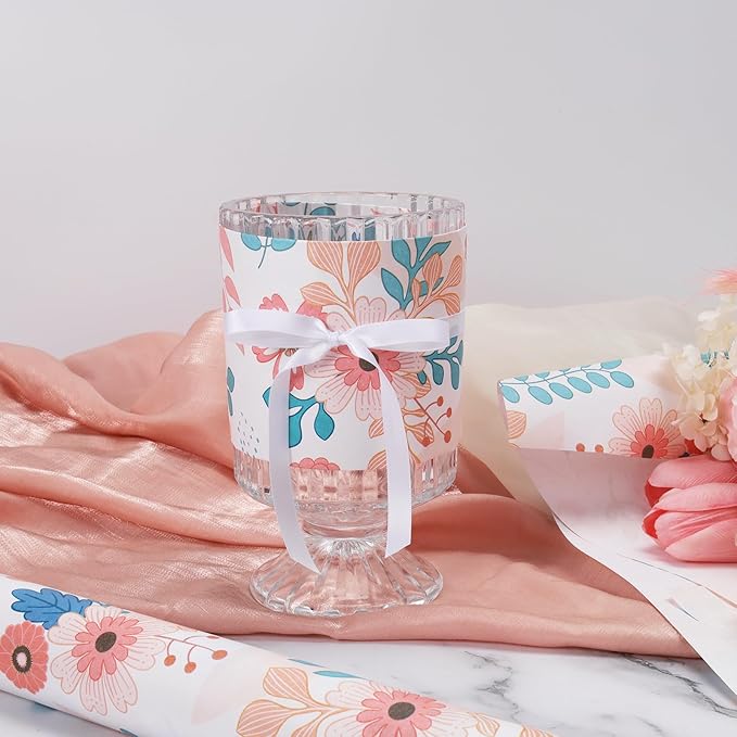 BIOBROWN Kraft Floral Wrapping Paper Roll - 17 Inches X 33 Feet (47 sq. ft. ttl.) Pink Pastel Daisy Design Flower Gift Wrap for Wedding, Bridal Shower, Birthday