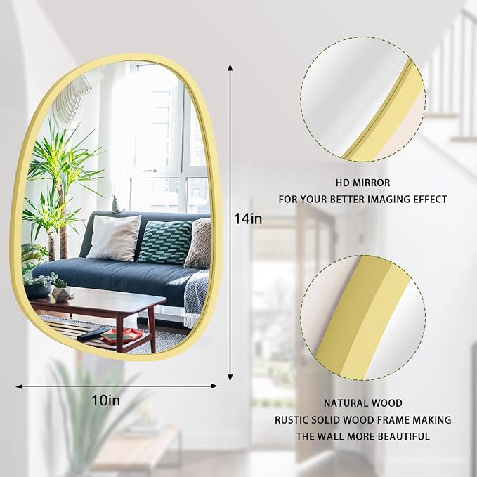 Wooden Asymmetrical Irregular Wall Mirror - Unique Modern Shape - Wall Mounted - Artistic Decorative for Living Room, Bedroom, Bathroom, Entryway & Hallway - 14"x10"