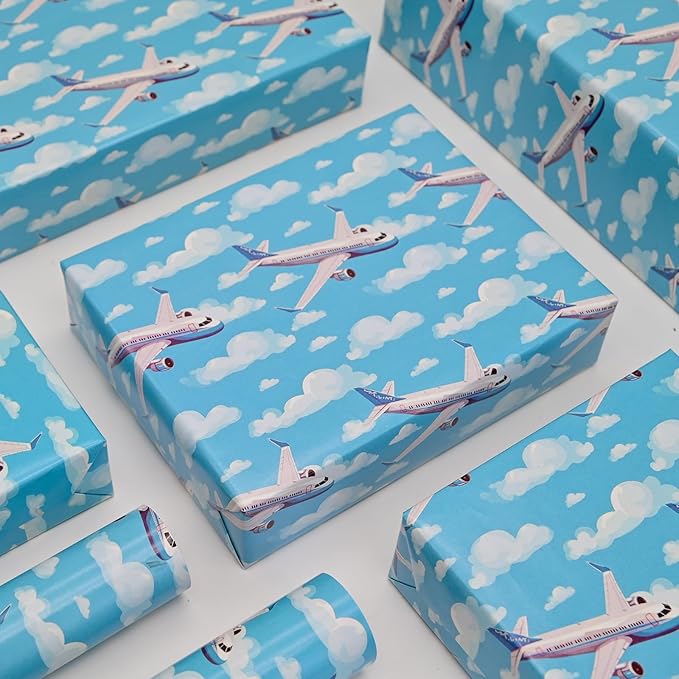 Altarho Airplane Wrapping Paper Blue Design Gift Wrapping Paper with Plane Cloud Pattern for Baby Shower Boy Girl Birthday Wedding Holiday - 19 X 27 Inches Per Sheet